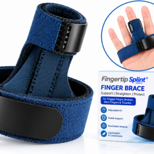 Fingertip Splint blue adjustable trigger finger splint with hand anchor strap, finger support sleeve and branded packaging