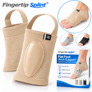 Fingertip Splint gel arch support sleeves with integrated gel cushions, one pair and branded packaging on white background