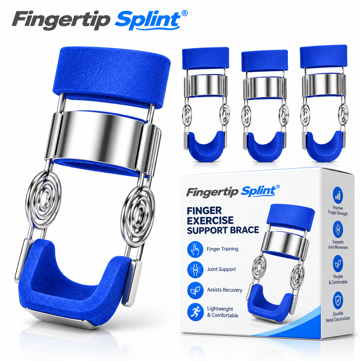 Fingertip Splint 1PCS spring-loaded finger exerciser with blue cushioned supports, metal springs and branded packaging