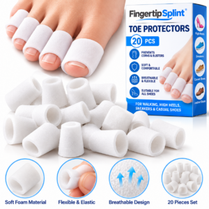 Fingertip Splint 20Pcs white toe protectors for walking displayed with branded product packaging on a white background.