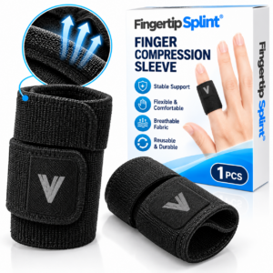 Fingertip Splint 2Pcs black finger protector splints featuring adjustable single and double finger support wraps with branded packaging.