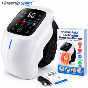 Fingertip Splint 3-in-1 cordless heated knee massager with LED control screen, adjustable straps and branded packaging