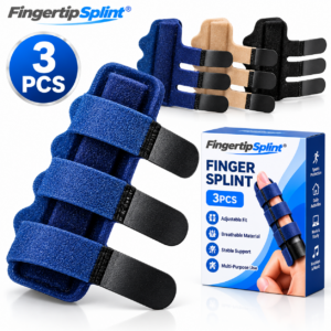 Fingertip Splint 3pcs adjustable finger splint set with three fixing straps and branded product packaging on a white background