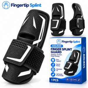 Fingertip Splint AOLIKES sport finger splint guard with adjustable strap and product packaging