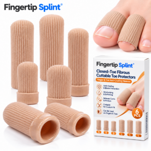 Fingertip Splint closed-toe fibrous toe protectors with beige ribbed sleeves and branded packaging on a white background.