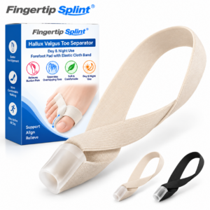 Fingertip Splint hallux valgus toe separator with elastic forefoot band, soft big toe pad and branded packaging