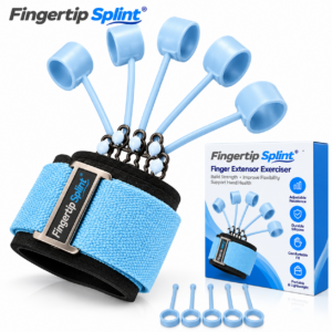 Fingertip Splint finger extensor exerciser with five blue silicone finger loops, elastic bands, wrist strap and branded packaging