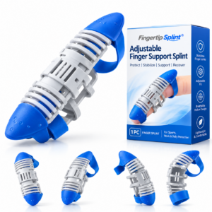 Fingertip Splint adjustable finger splint with blue protective ends, grey hollow-out frame and branded product packaging