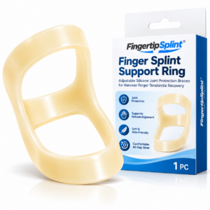 Fingertip Splint beige silicone finger support ring with open-frame joint support design beside branded product packaging.