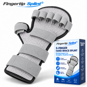 Fingertip Splint 5 finger resting hand splint with gray adjustable straps, contoured hand support and branded packaging