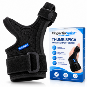Fingertip Splint black thumb spica wrist support brace with adjustable wrist strap and professional branded packaging.