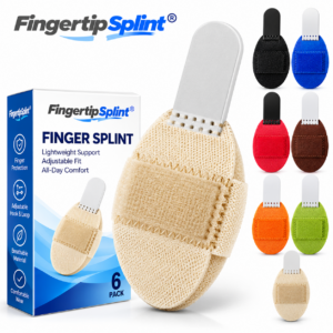 Fingertip Splint adjustable thumb support sleeve with finger fixation strap, structured support strip and branded product packaging on a white background.