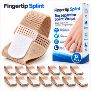 Fingertip Splint 12PCS beige toe separator splint wraps with adjustable fastening and product packaging