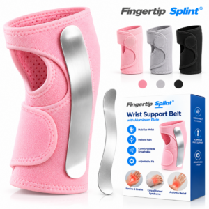 Fingertip Splint orthopedic wrist support brace with integrated finger splint, adjustable straps and branded packaging on white background