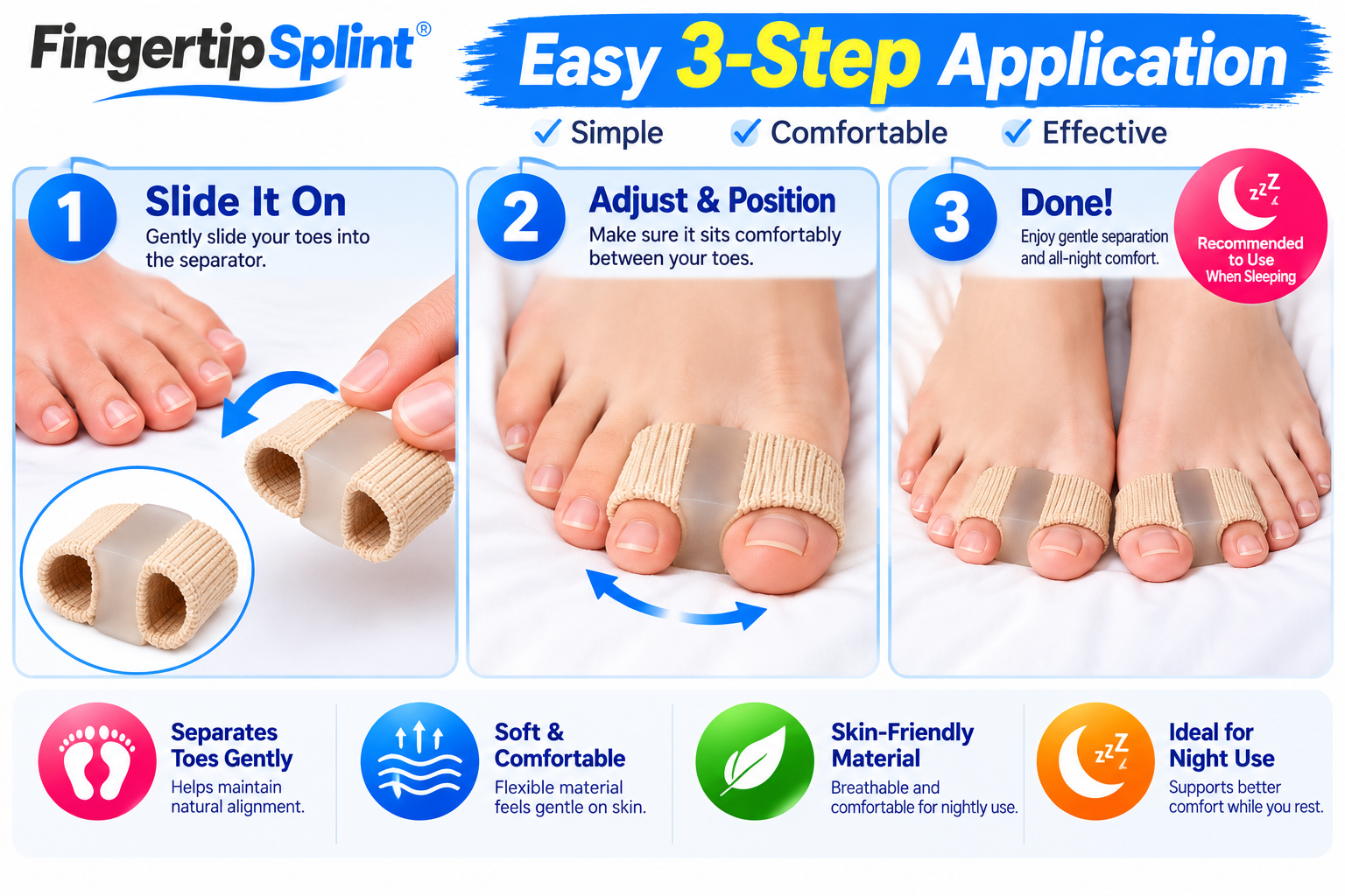 Three-step demonstration showing how to slide the beige toe separator over adjacent toes and adjust its position.