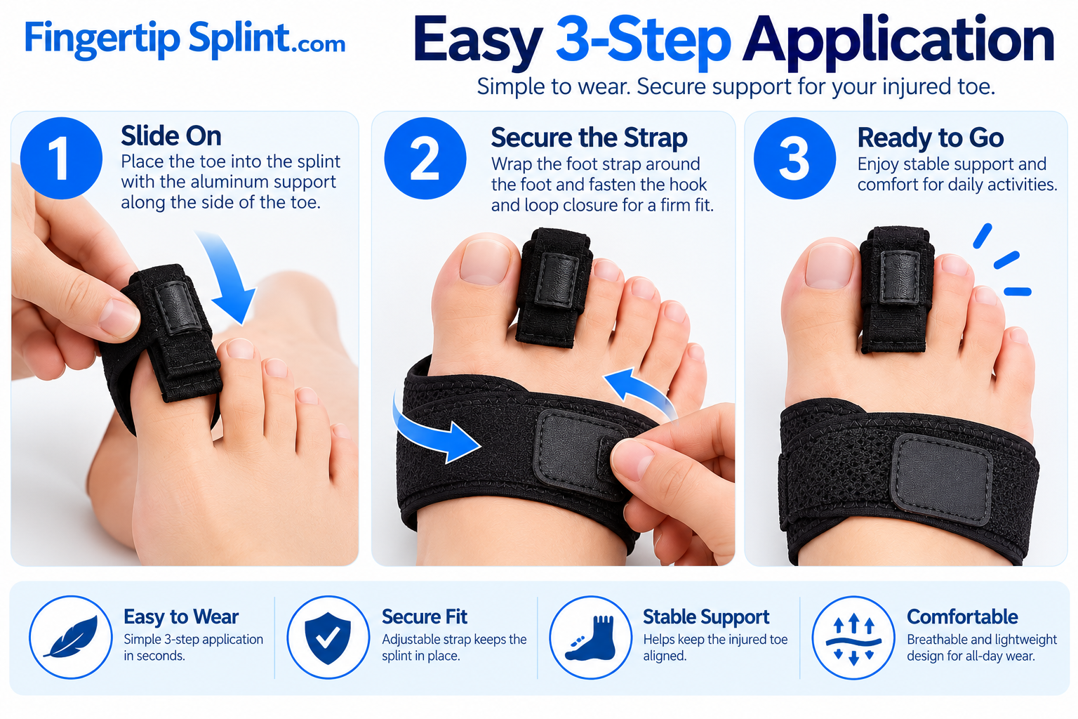 Three-step guide showing how to position a toe support splint, secure the forefoot band and adjust the toe fastening strap