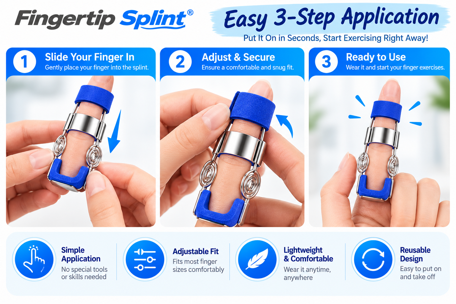 Three-step guide showing how to position a finger inside the spring-loaded finger exerciser and check the fit