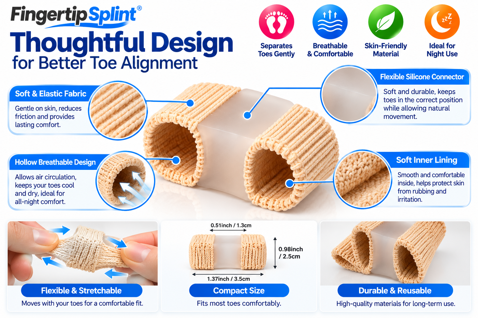 Close-up macro view of beige ribbed fabric toe separator with flexible loops and central toe spacing section.