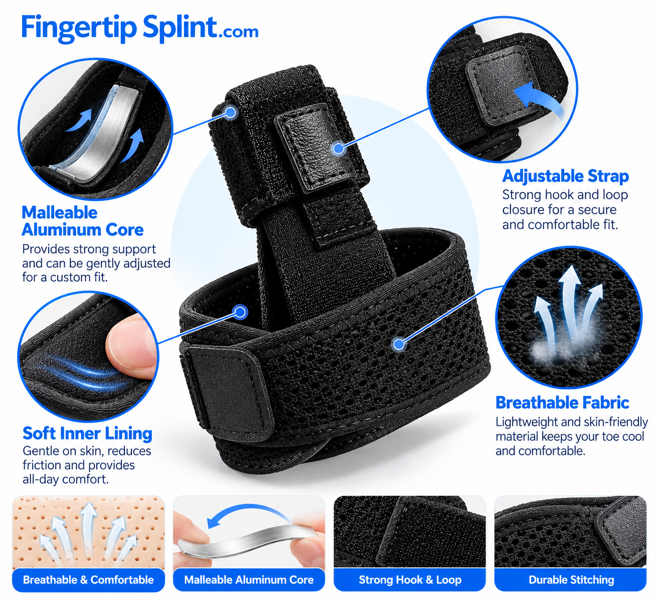 Close-up of adjustable toe splint showing perforated forefoot fabric, toe support section and fastening straps