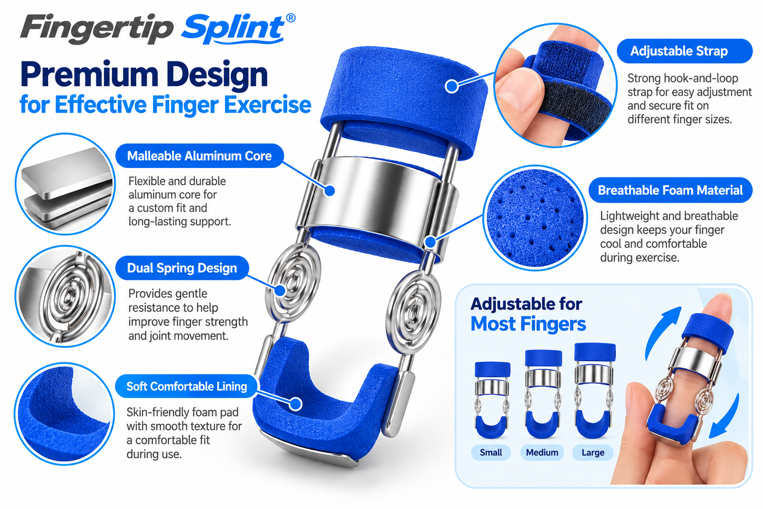 Close-up of finger exerciser splint showing dual metal coil springs, blue finger cushions and reinforced support structure