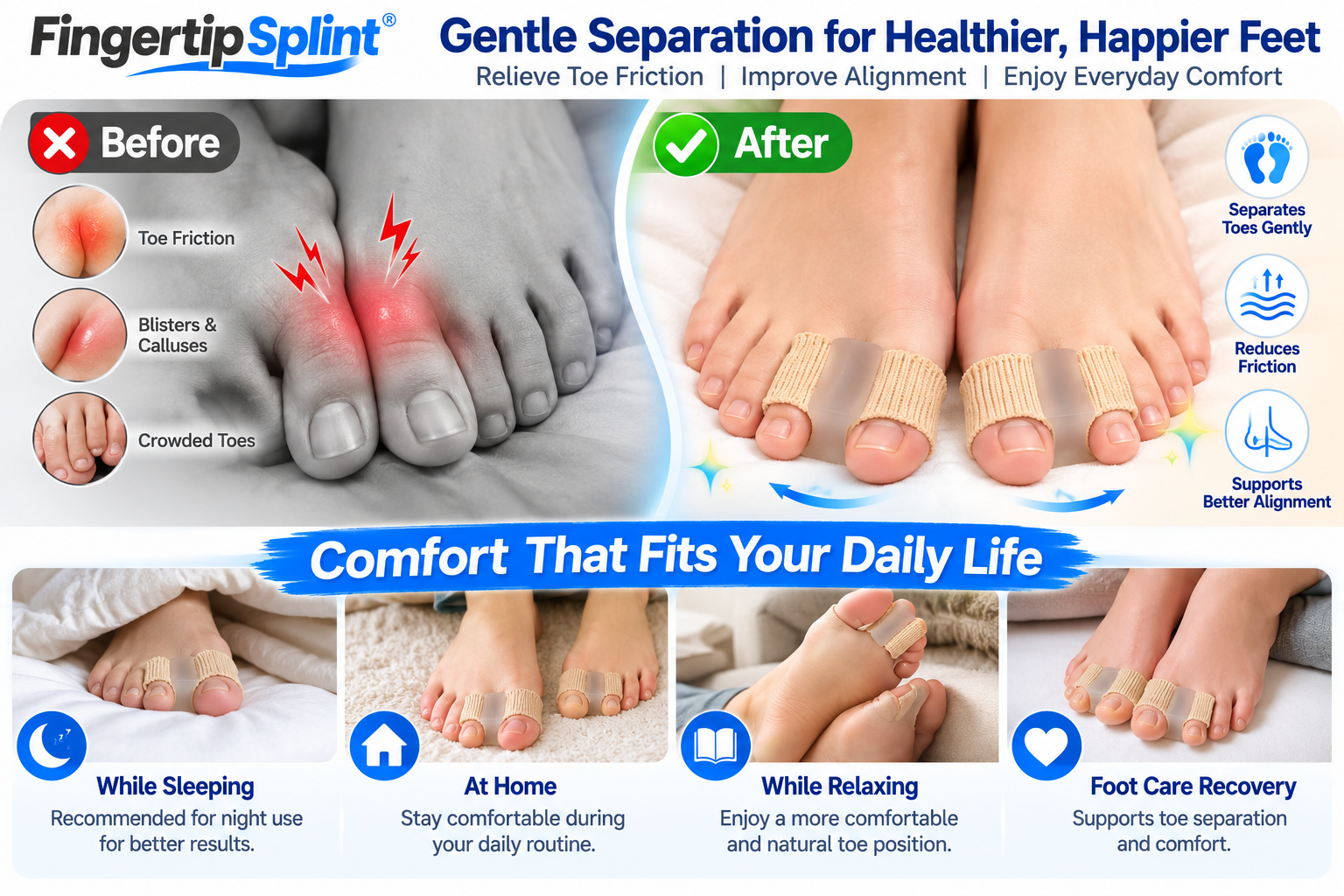 Person relaxing in bed while wearing a beige toe separator between adjacent toes as part of a nighttime routine.