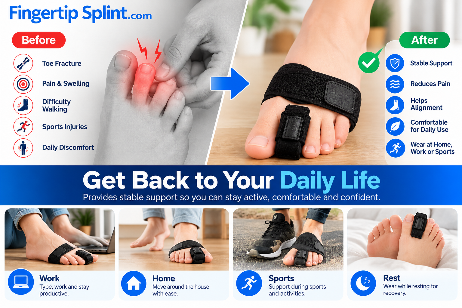 Person wearing an adjustable toe support brace while resting at home and performing suitable daily activities