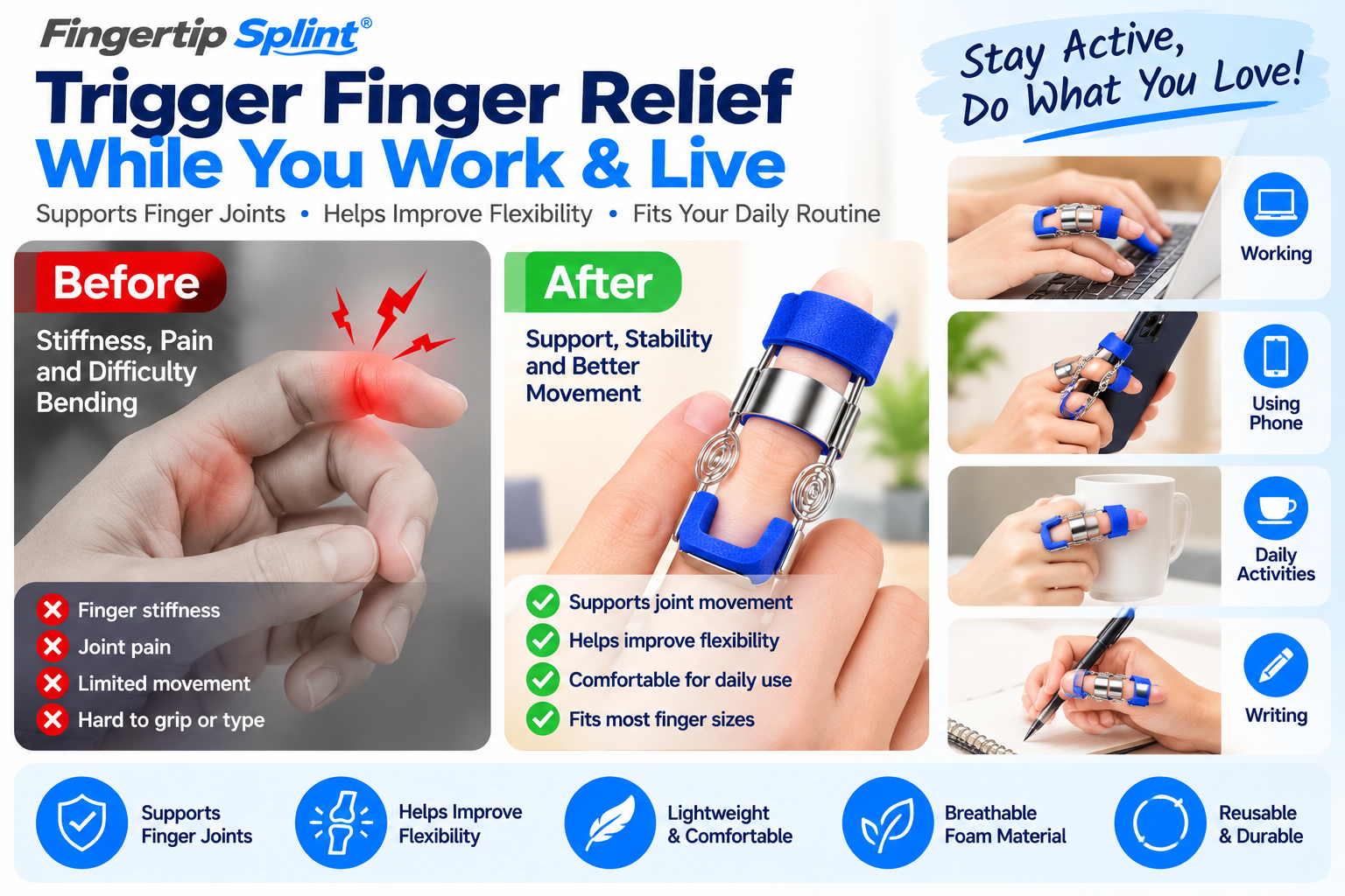Person wearing a blue spring-loaded finger exercise brace during a suitable seated hand activity