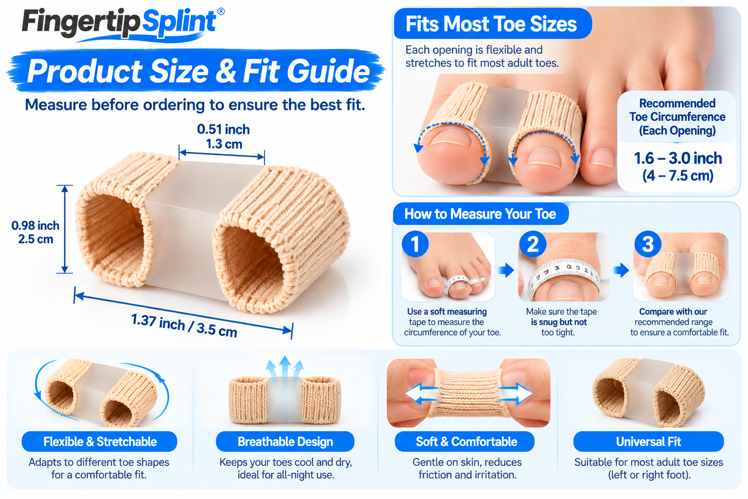 Fingertip Splint toe separator dimensions diagram showing product length, width and spacing for checking toe fit.