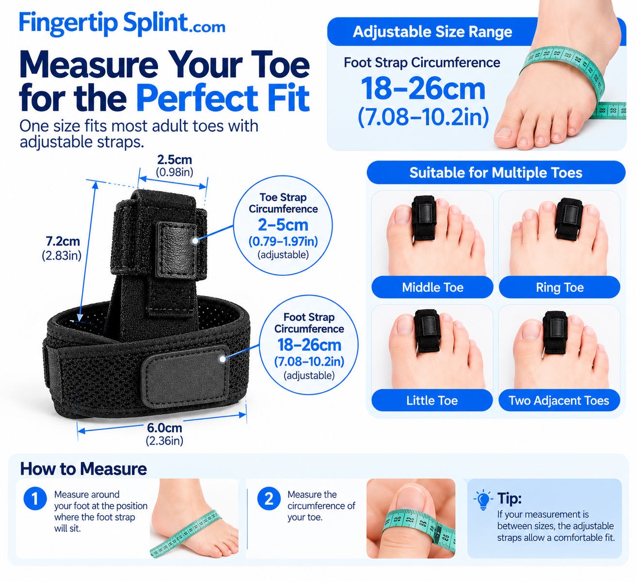 Adjustable toe splint sizing guide showing forefoot circumference measurement and toe brace fitting positions