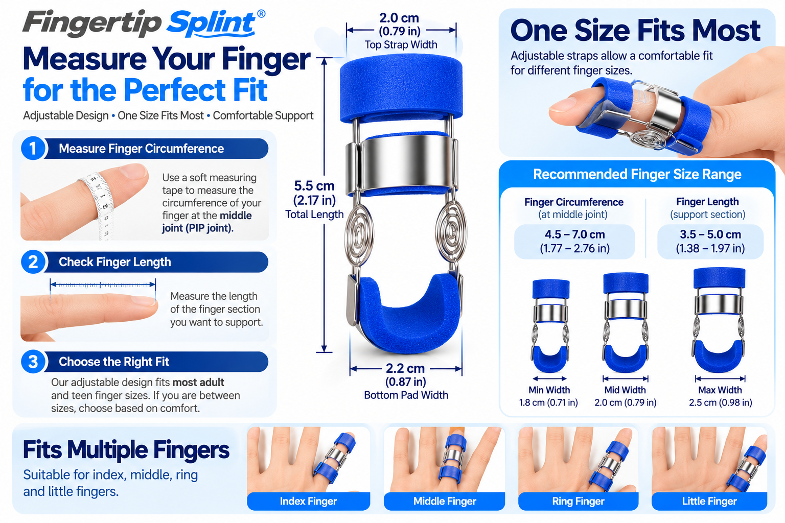 Finger exerciser splint fit guide showing finger length and circumference measurement points