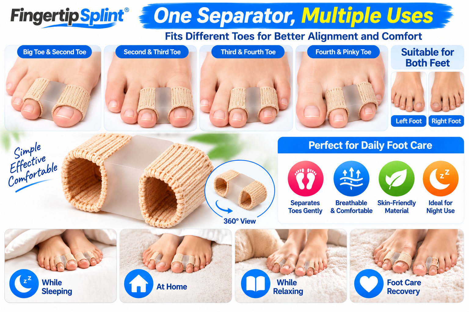 Beige toe separator shown positioned between adjacent toes on different feet to demonstrate possible wearing positions.