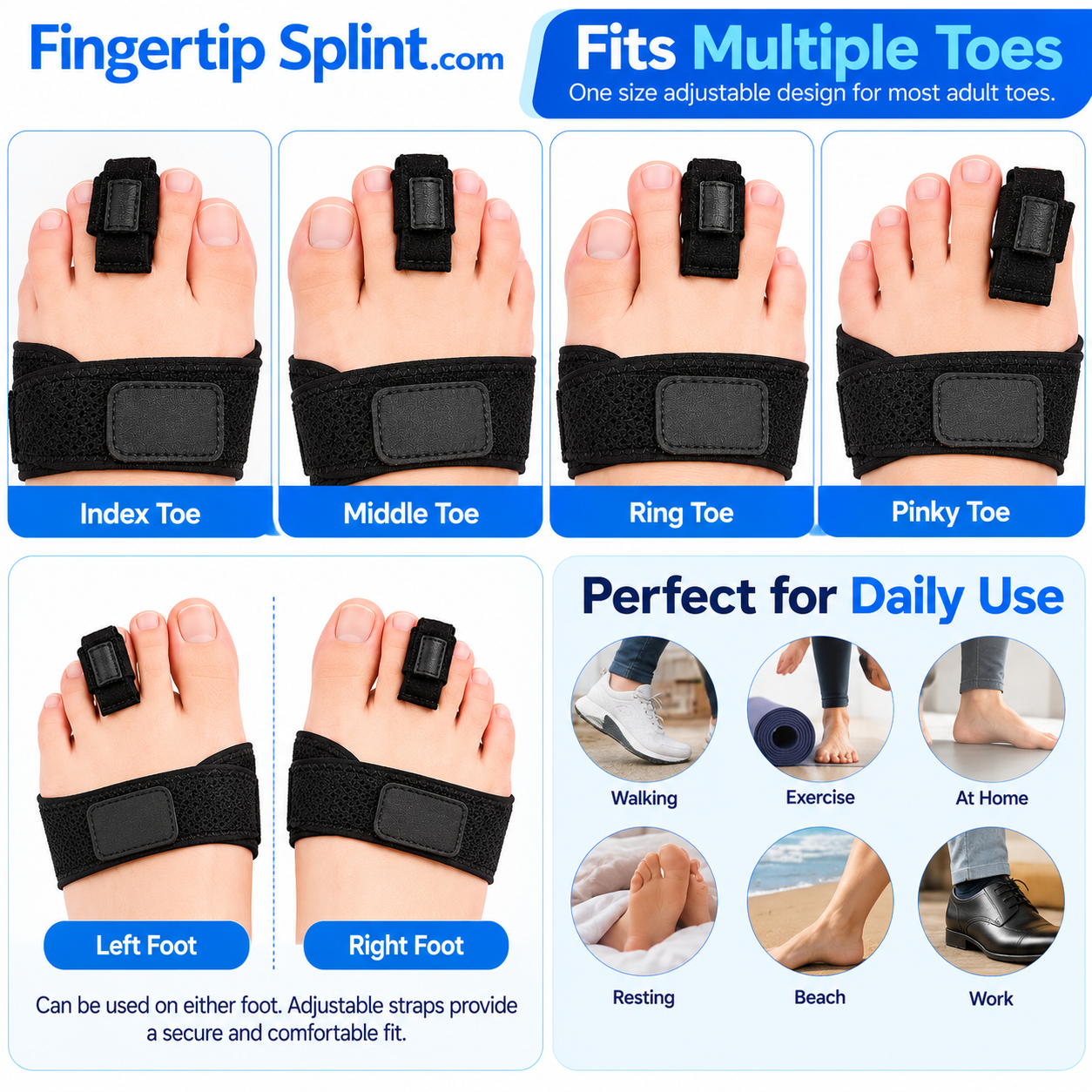 Single adjustable toe splint shown supporting different toe positions with black and beige forefoot strap designs