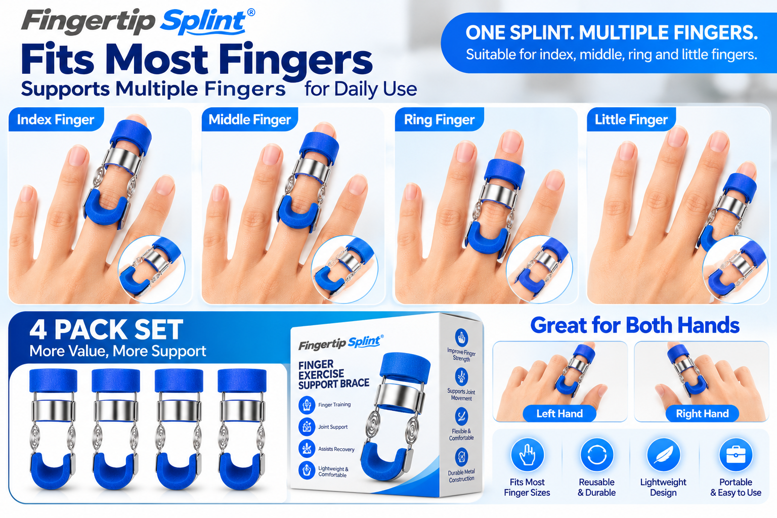 Single spring-loaded finger exerciser shown from multiple angles and demonstrated on different fingers