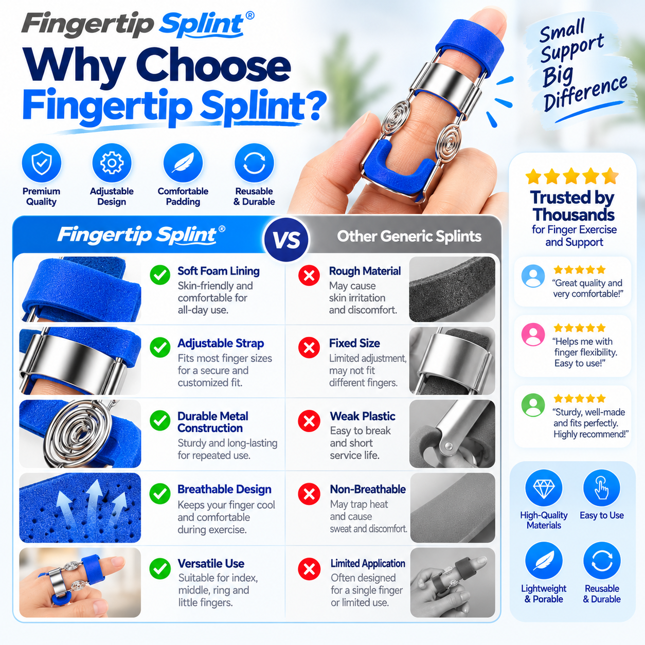 Fingertip Splint dual-spring finger exerciser compared with generic static finger splints and exercise accessories