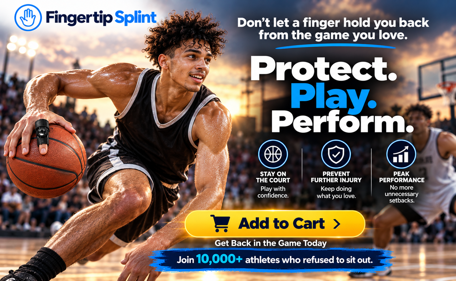 Basketball player wearing Fingertip Splint adjustable finger support brace