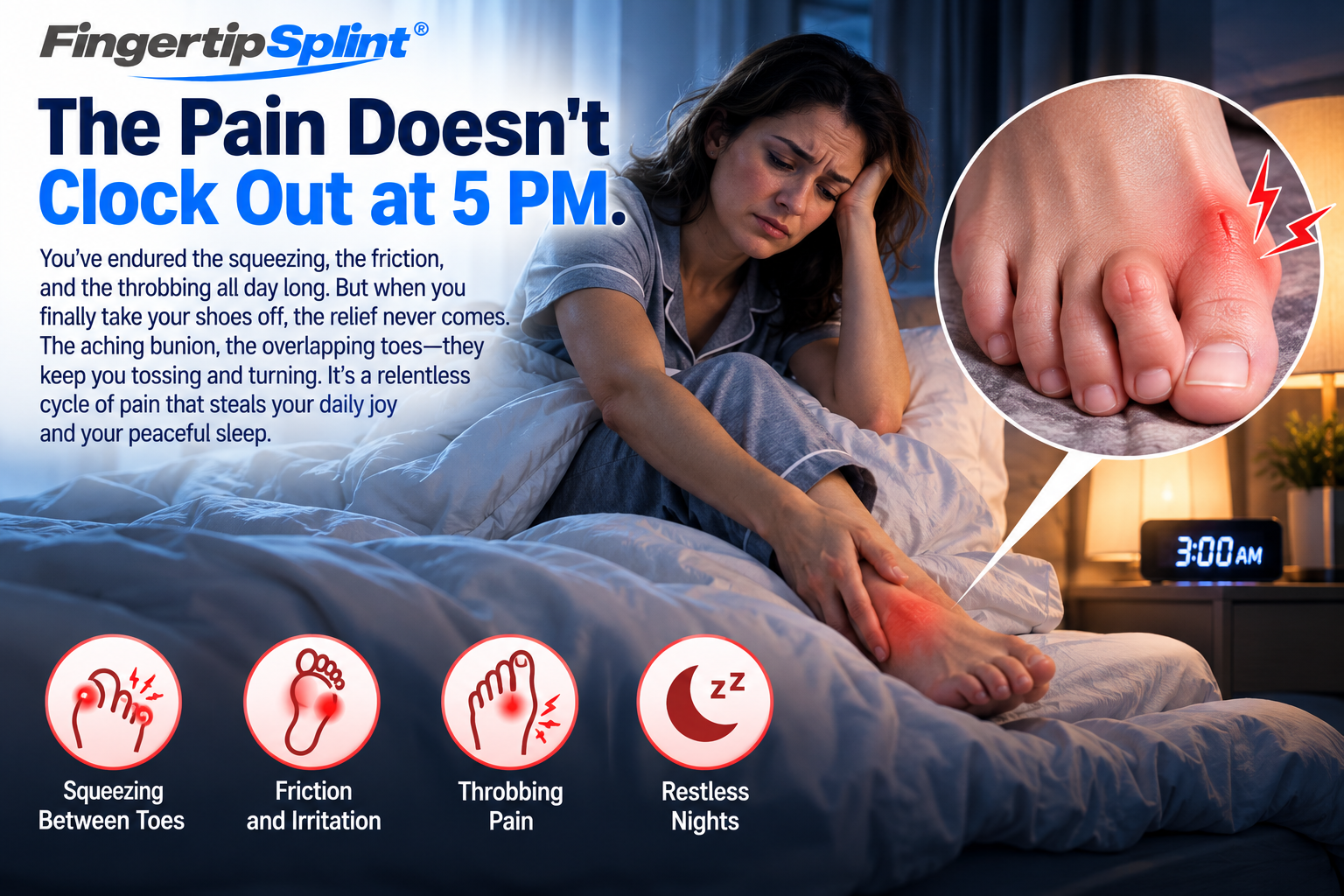Woman experiencing nighttime toe discomfort with illustration of overlapping toes and bunion-area irritation