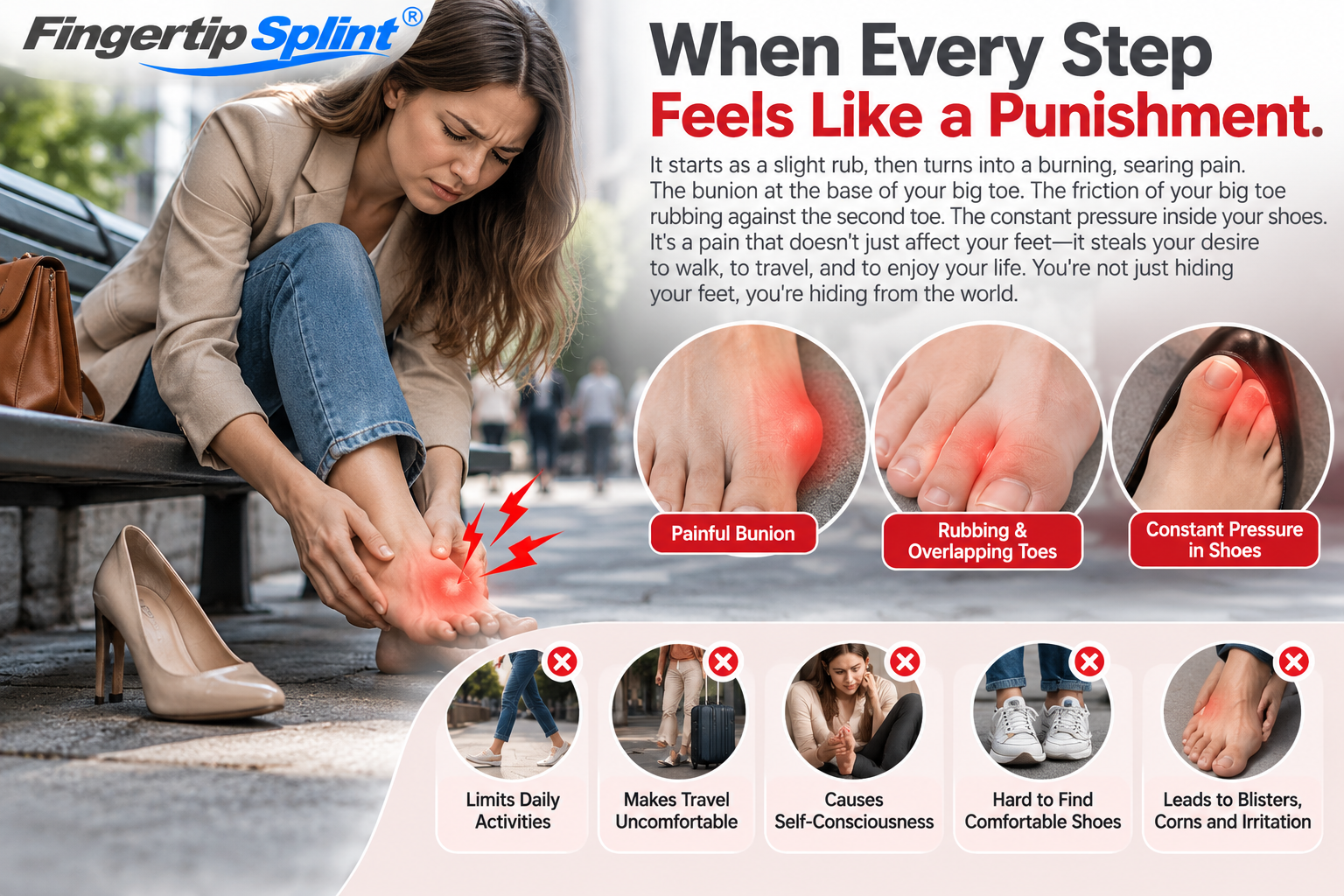 Person experiencing big toe bunion discomfort and shoe friction during everyday walking