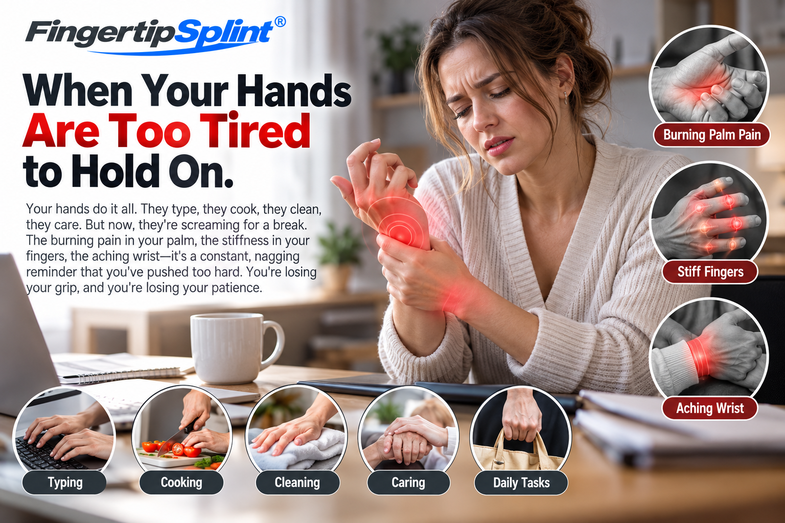 Person experiencing palm fatigue and finger discomfort during daily activities before using ergonomic hand support