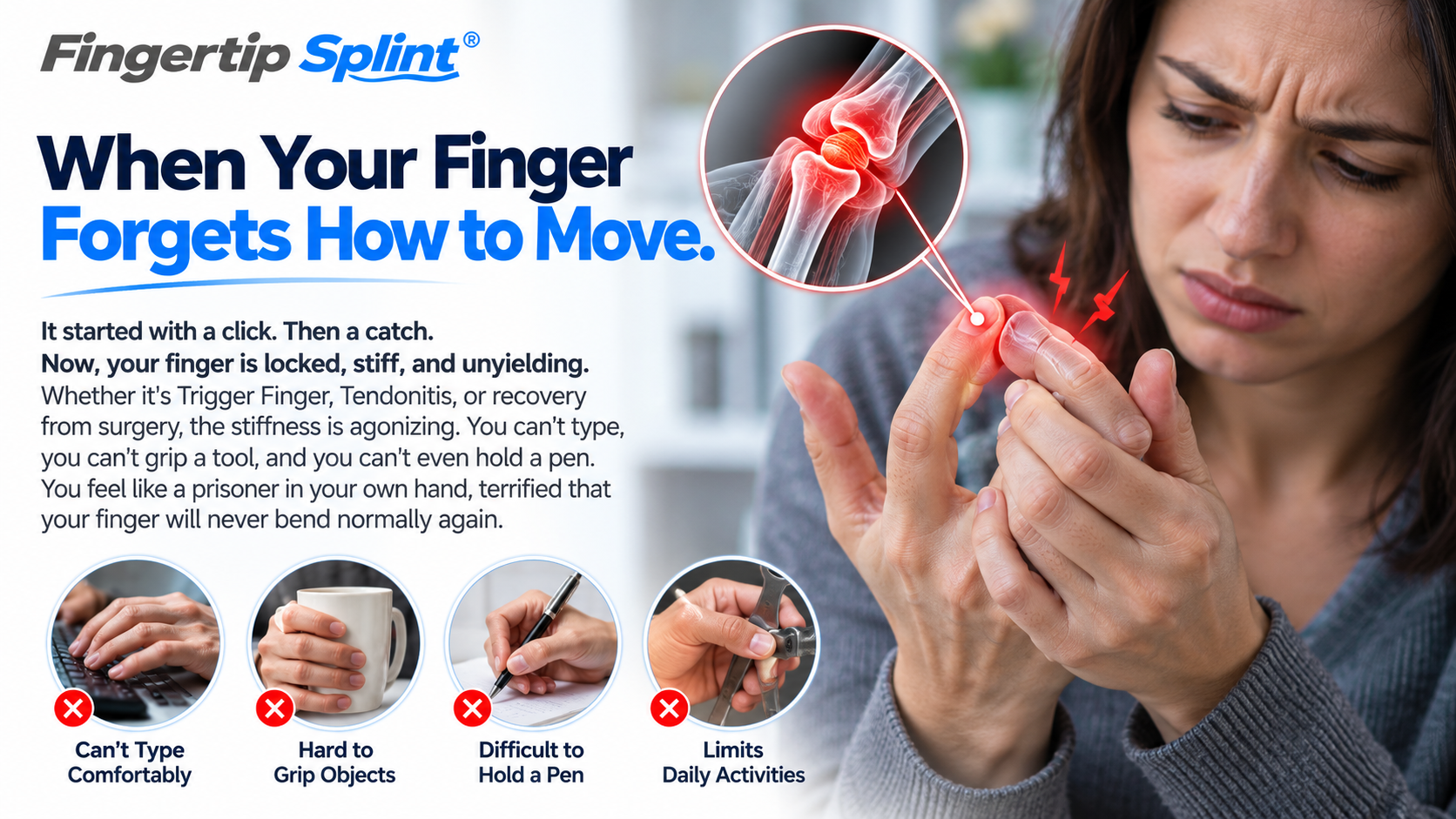 Person experiencing finger joint stiffness and difficulty straightening a bent finger, illustrating finger mobility challenges