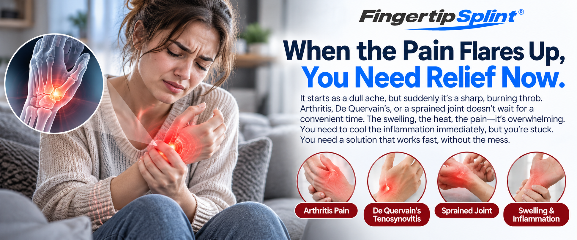 Person experiencing thumb and wrist discomfort during a flare-up before using a gel thumb wrist support