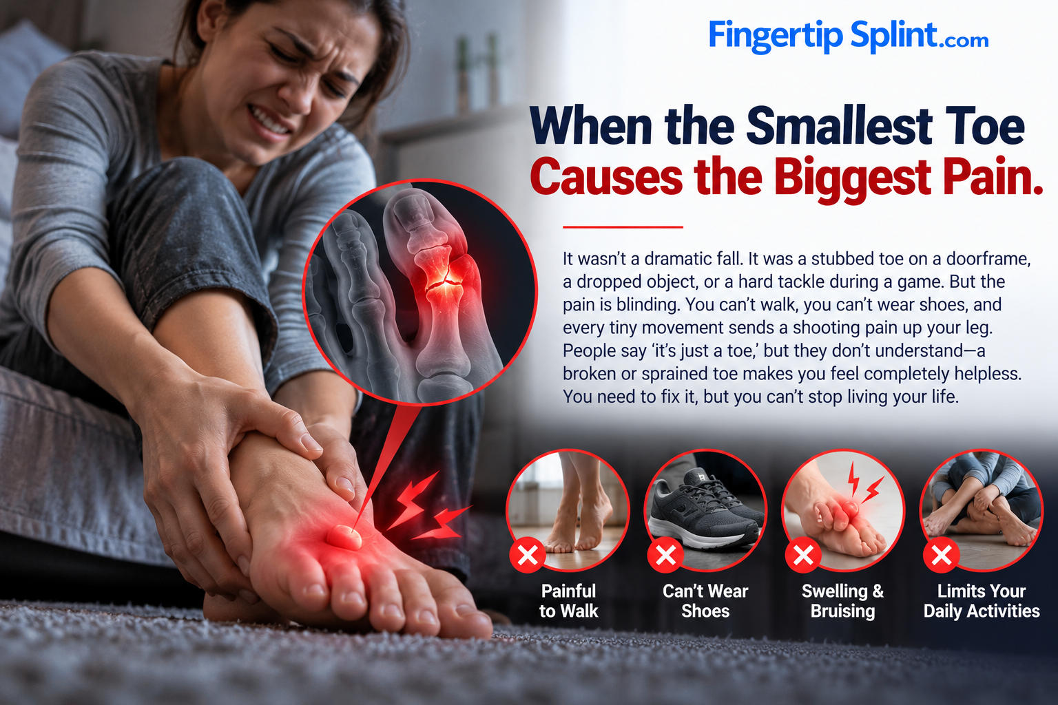 Person holding a swollen injured toe with a red pain illustration showing symptoms associated with a broken or sprained toe