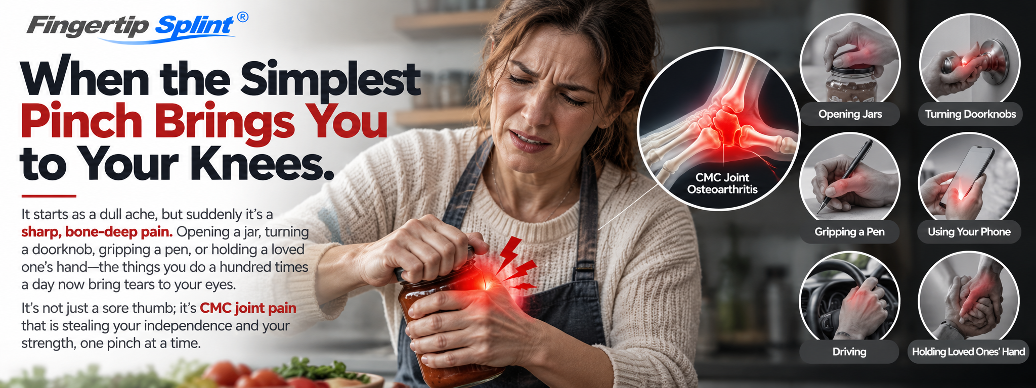 Woman experiencing thumb base discomfort while opening a jar with anatomical illustration of the CMC thumb joint