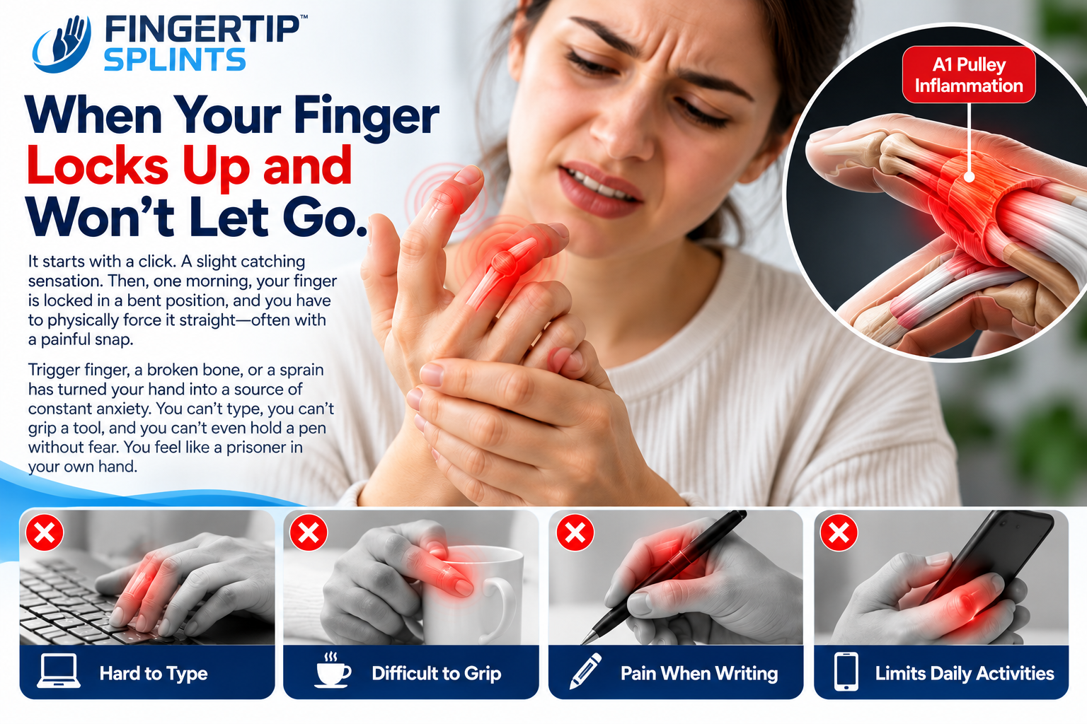 Person experiencing finger locking and difficulty straightening a bent finger, illustrating trigger finger symptoms and finger support needs