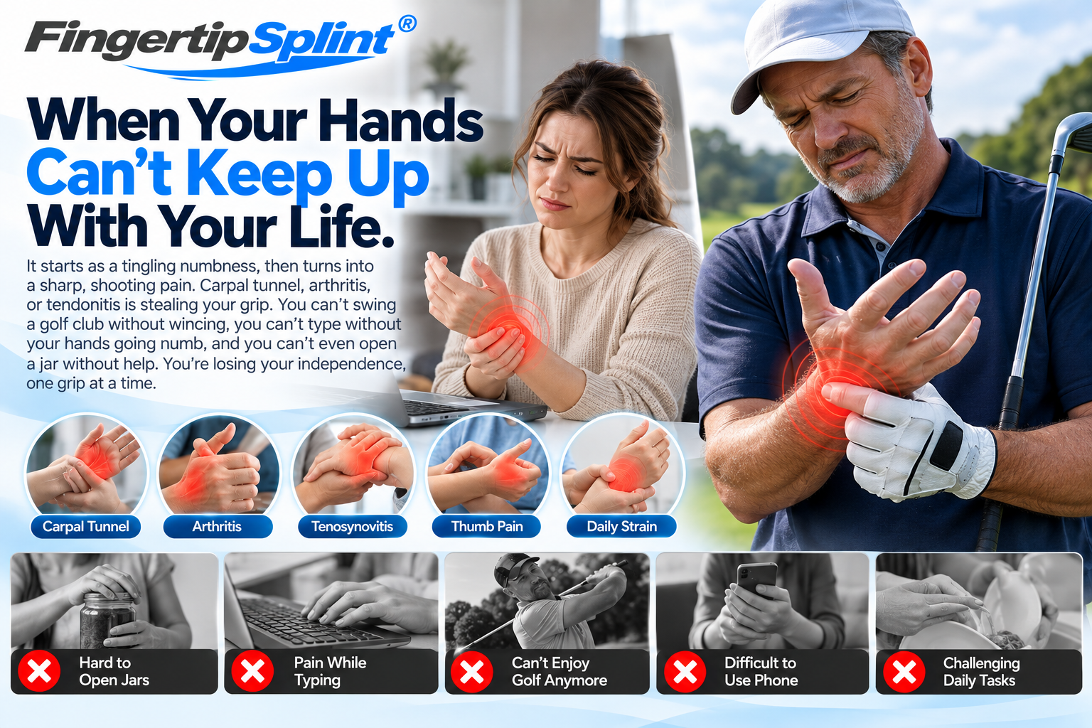Golfer experiencing wrist and thumb discomfort during sports and everyday activities