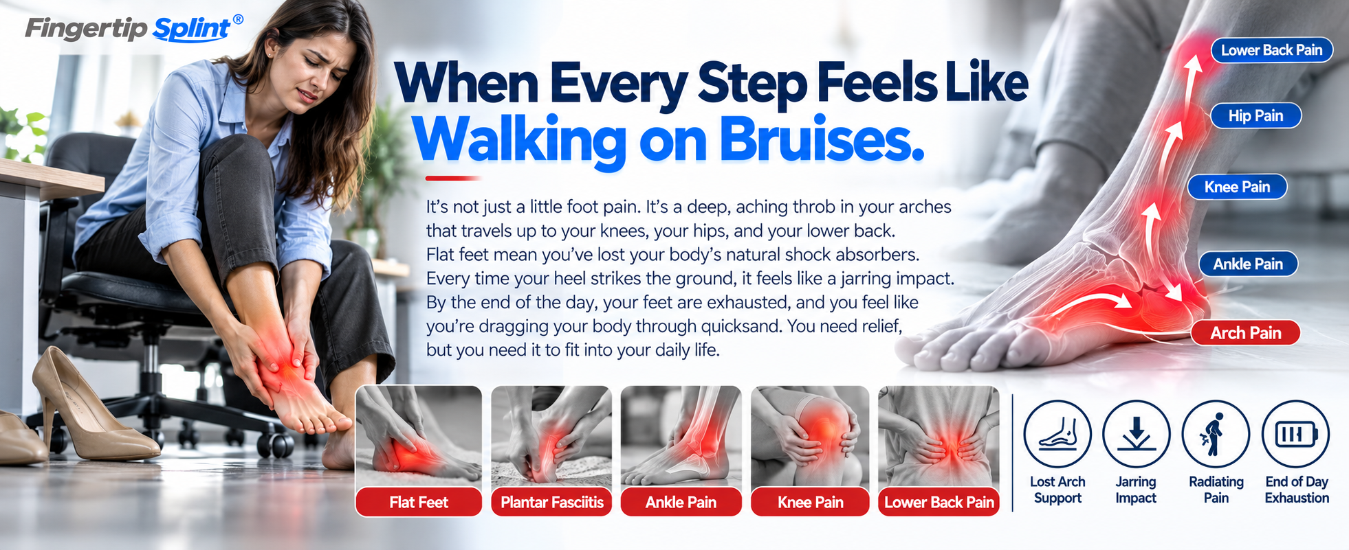 Person massaging tired foot arches after a long day, illustrating flat feet discomfort and the need for gel arch support sleeves