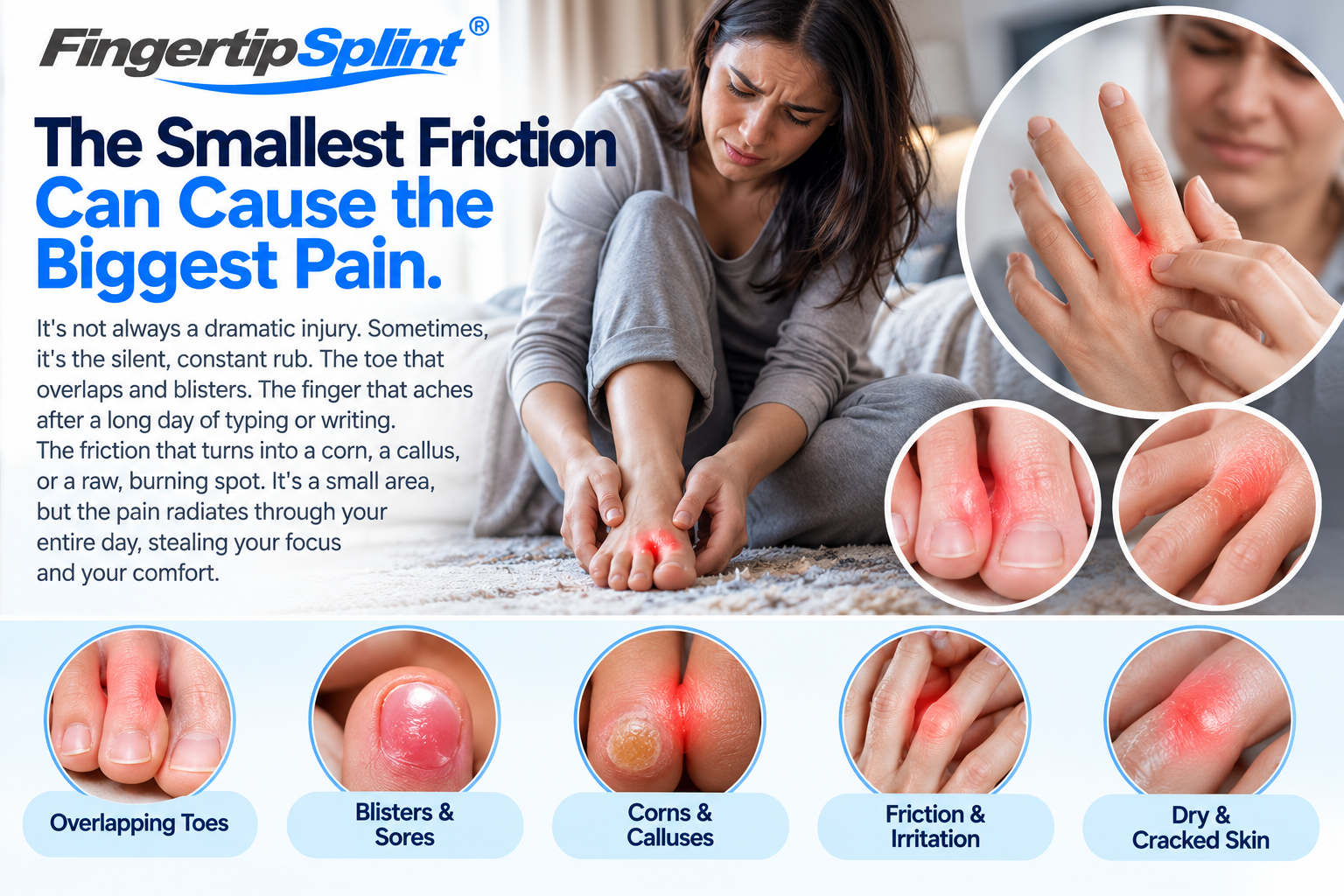 Toe and finger friction discomfort caused by rubbing between neighboring digits