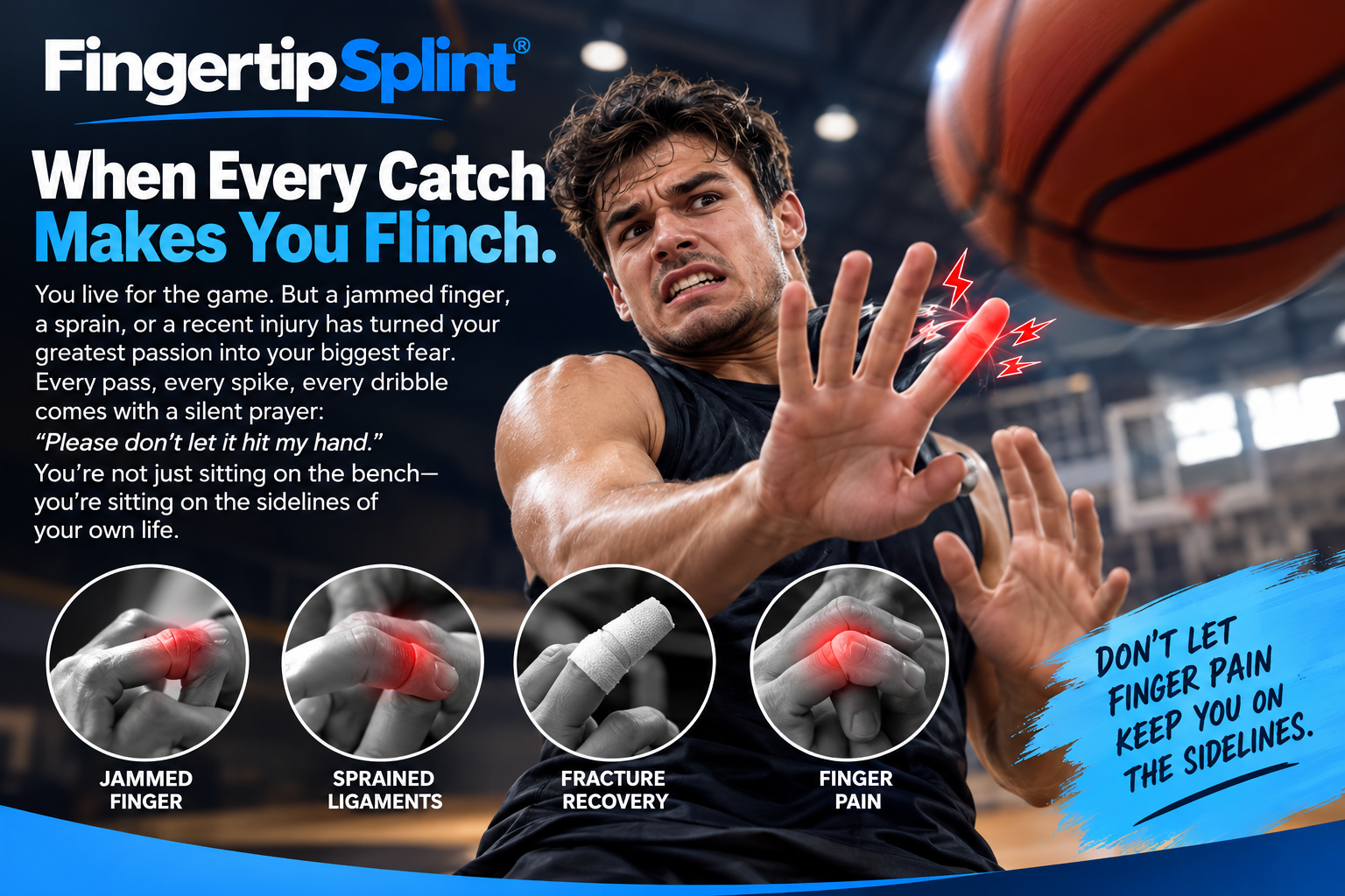 Basketball player experiencing finger discomfort during a game, illustrating the need for sports finger protector splints