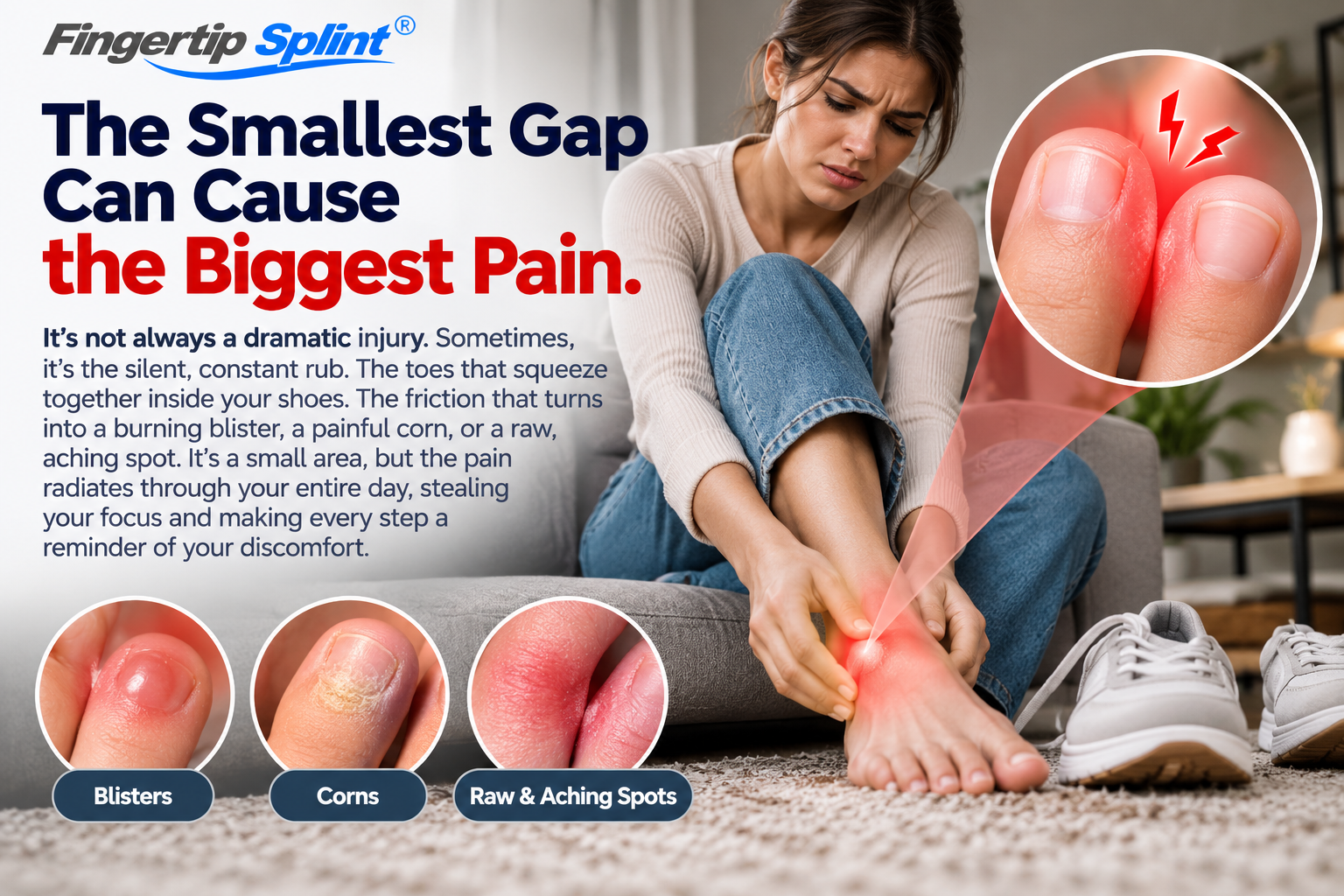 Person experiencing uncomfortable toe rubbing and pressure during daily activities