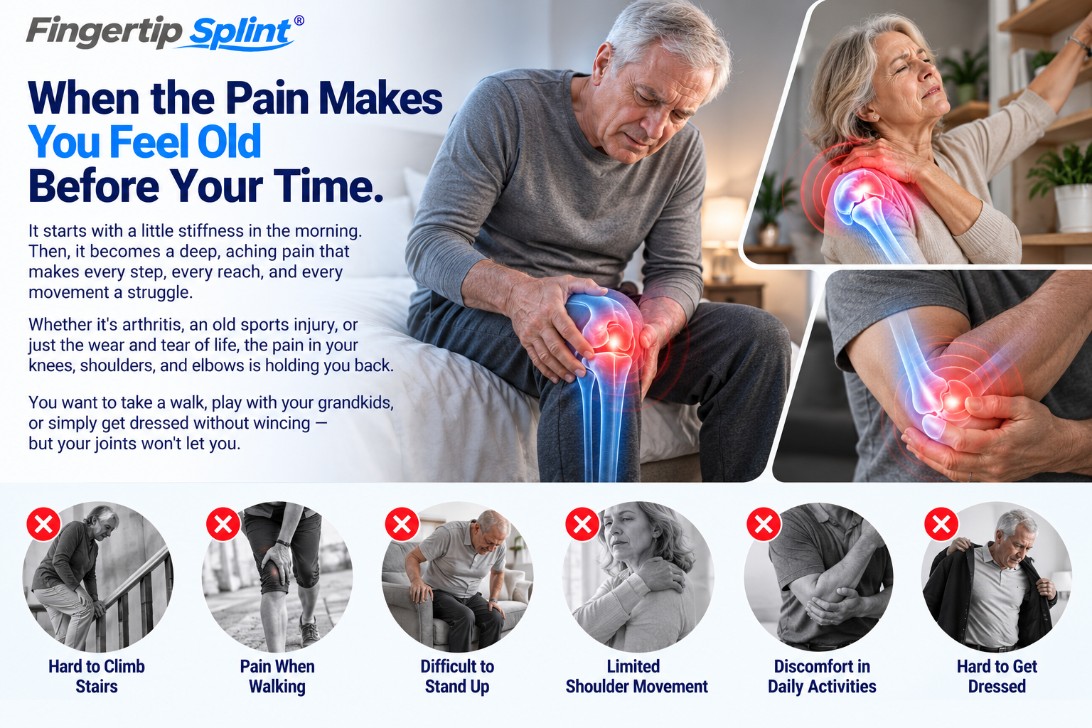 Older adult experiencing morning knee stiffness and shoulder discomfort before using a cordless heated knee massager