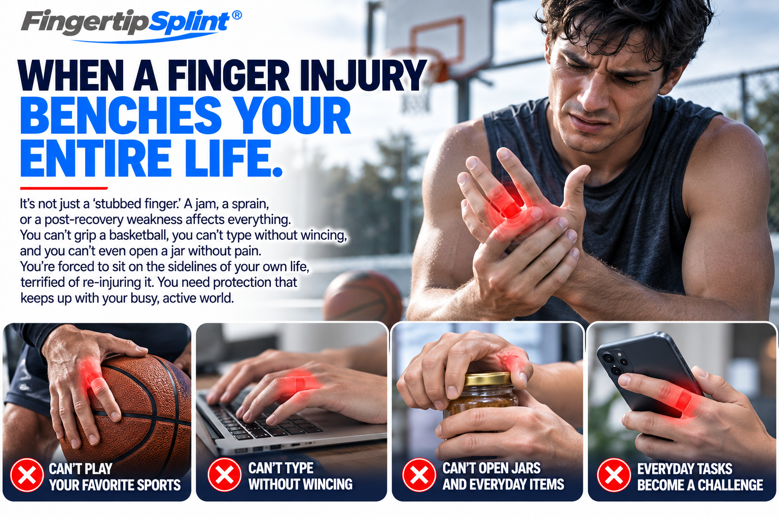 Person holding an uncomfortable finger beside a basketball court, illustrating sports finger injuries and the need for appropriate finger support
